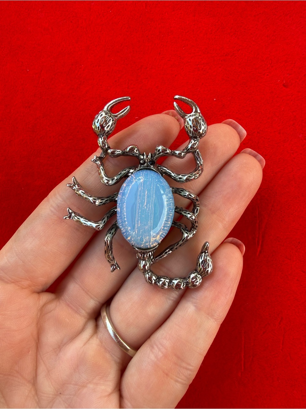 Anthropologie Silver Scorpion Brooch with Light Blue Opalescent Stone